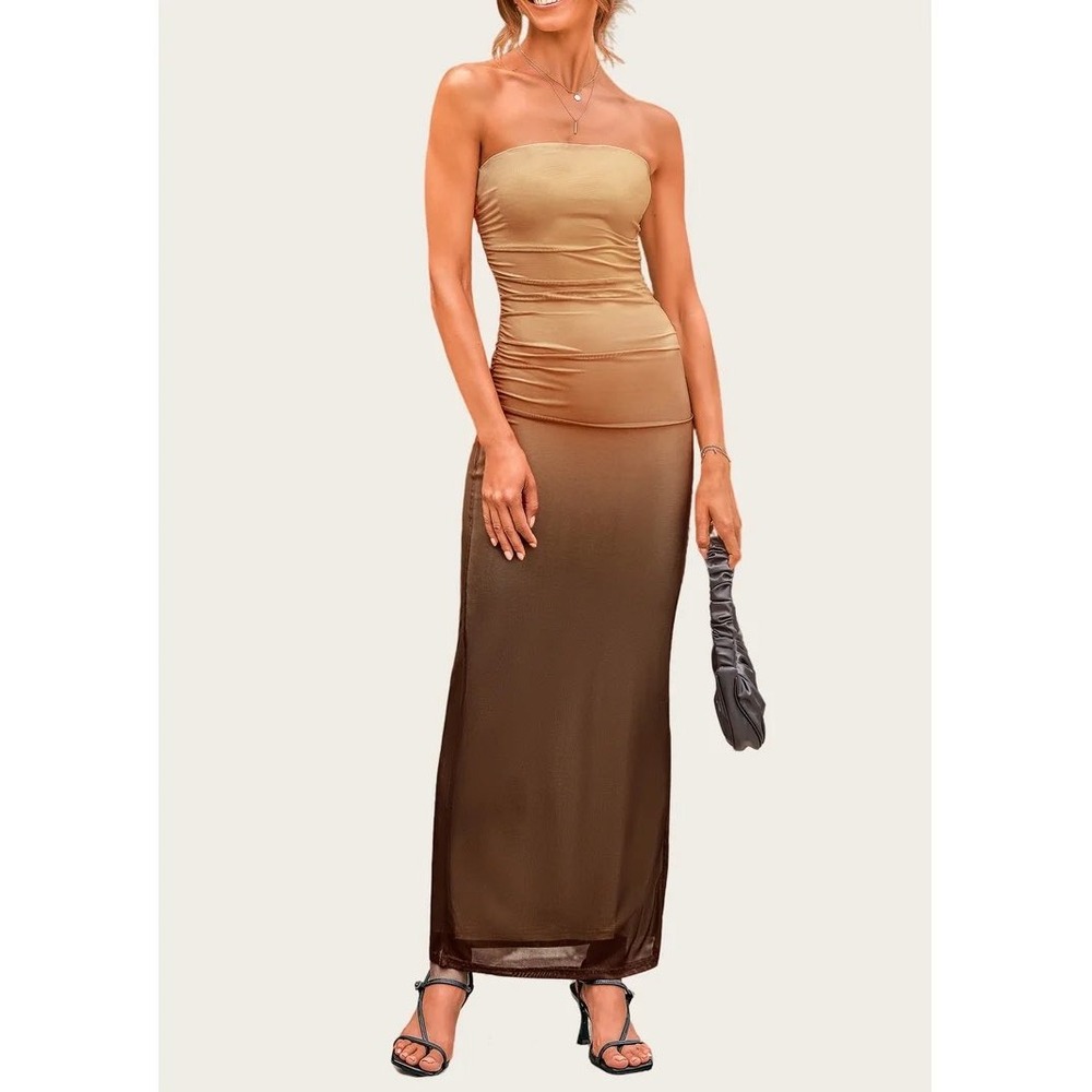 NWT PrettyGarden Brown Ombre Strapless Mesh Ruched Maxi Dress Side Slit Sz Small